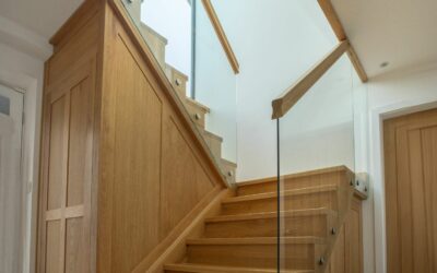 Contemporary Glass and Oak Staircase with Integrated Storage