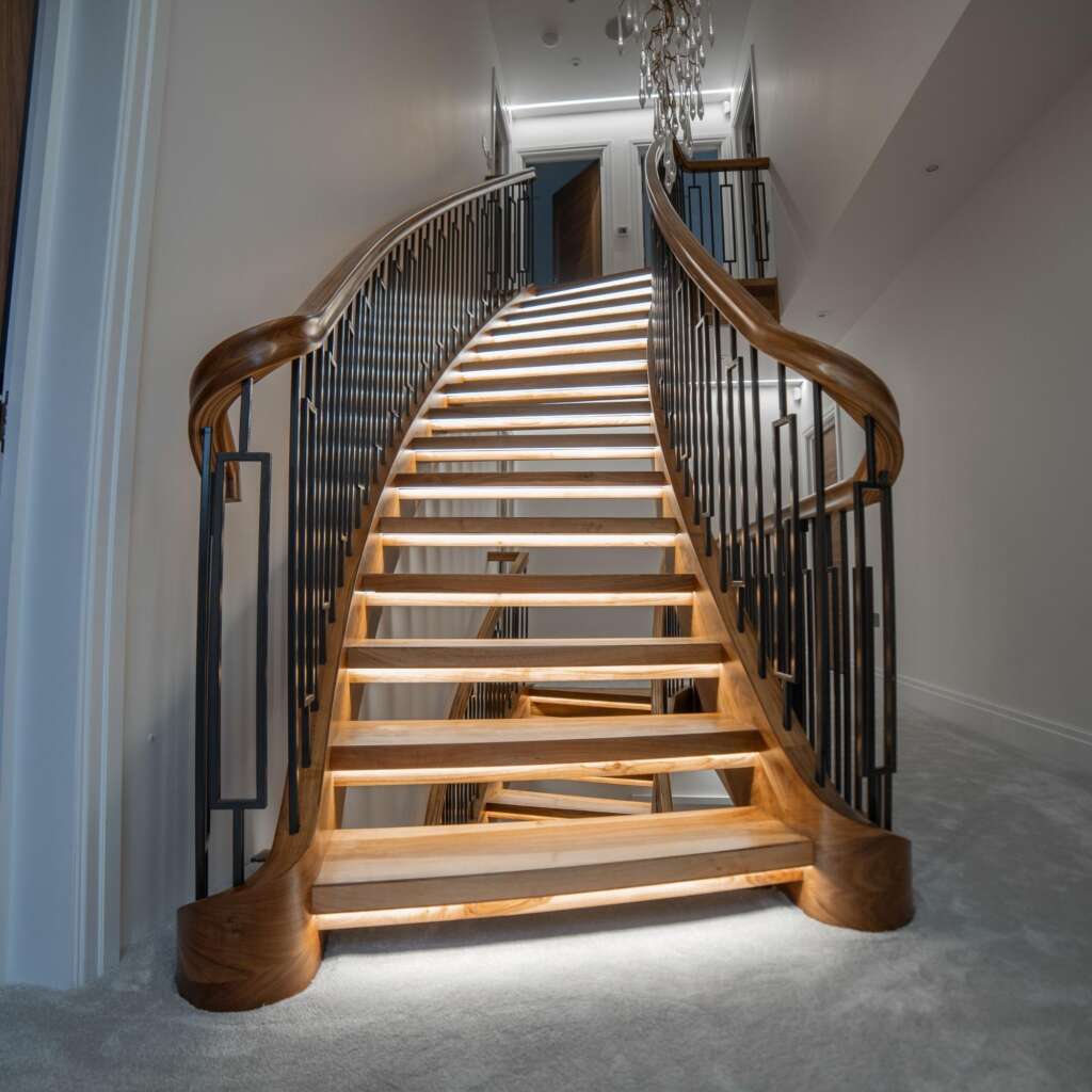 leaned wooden staircase with natural wood shine